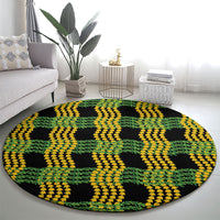 Aloha Hawaii Ilima Maile Lei Round Carpet Palaka Inspired Hawaiian-plaid Black