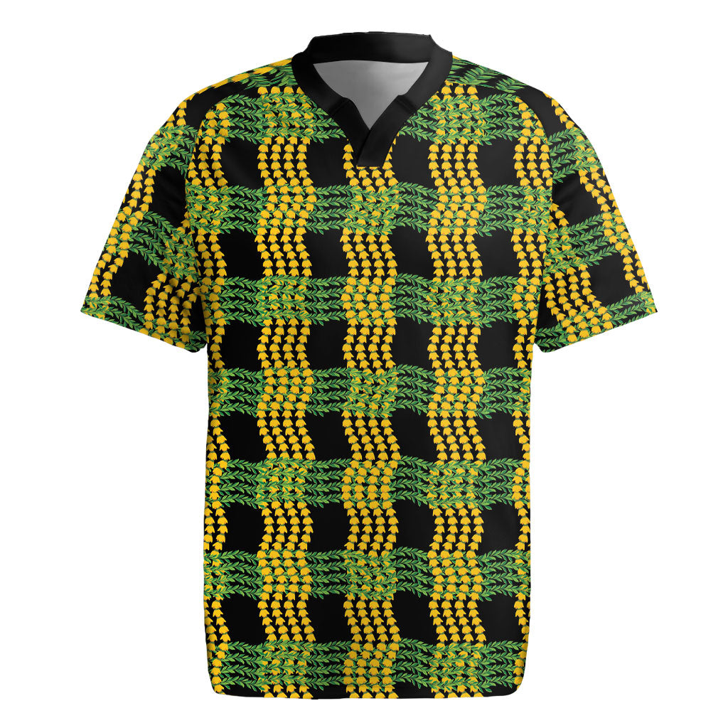 Aloha Hawaii Ilima Maile Lei Rugby Jersey Palaka Inspired Hawaiian-plaid Black
