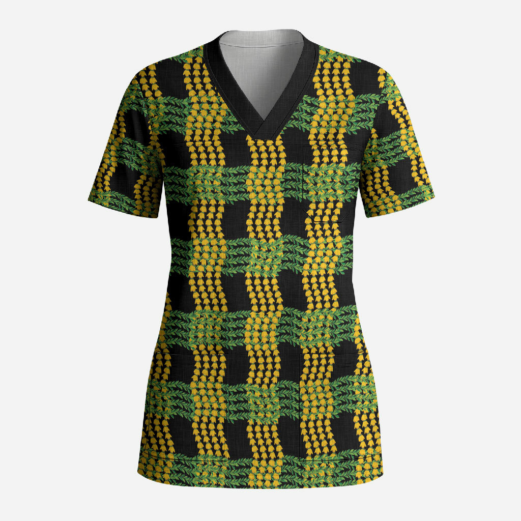 Aloha Hawaii Ilima Maile Lei Scrub Top Palaka Inspired Hawaiian-plaid Black