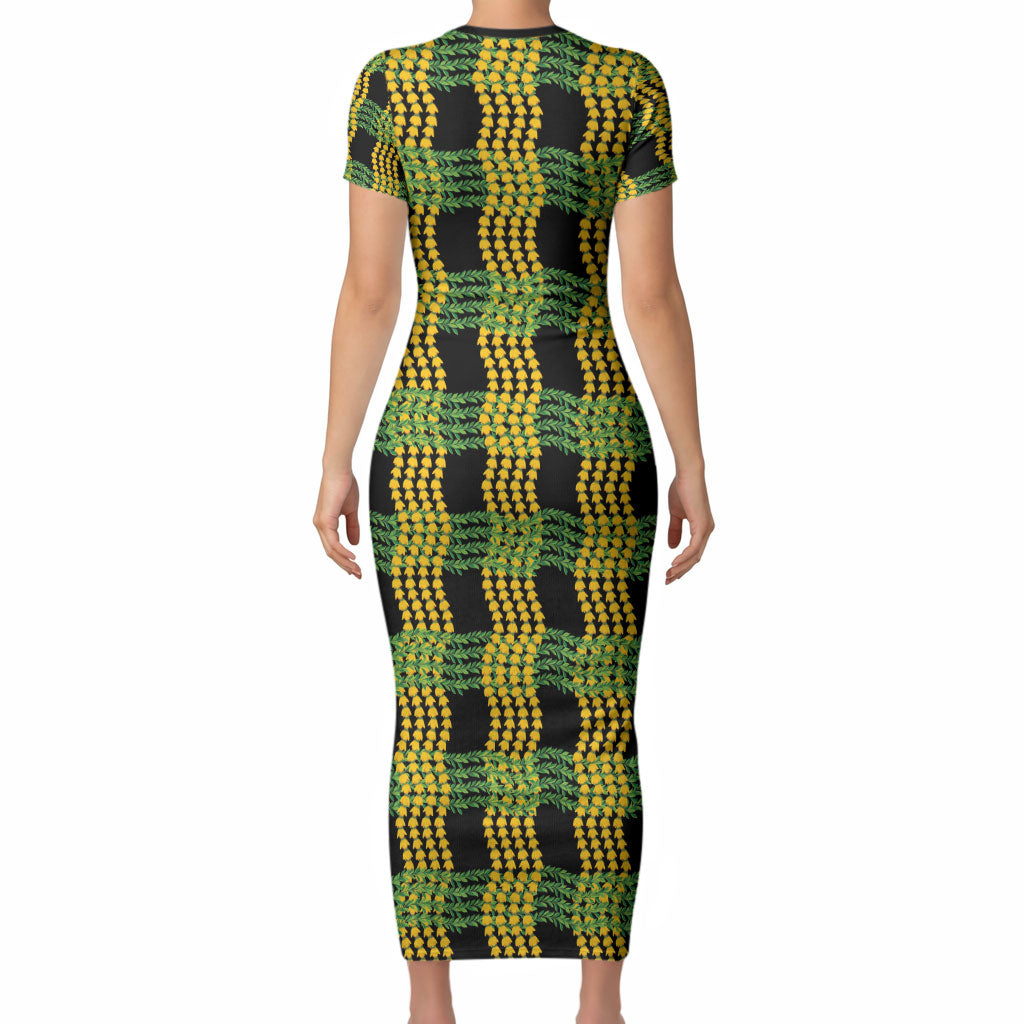 Aloha Hawaii Ilima Maile Lei Short Sleeve Bodycon Dress Palaka Inspired Hawaiian-plaid Black