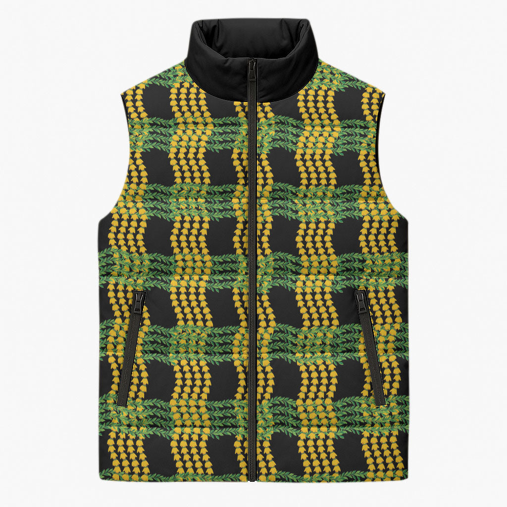 Aloha Hawaii Ilima Maile Lei Sleeveless Puffer Jacket Palaka Inspired Hawaiian-plaid Black LT14 Unisex Black - Polynesian Pride