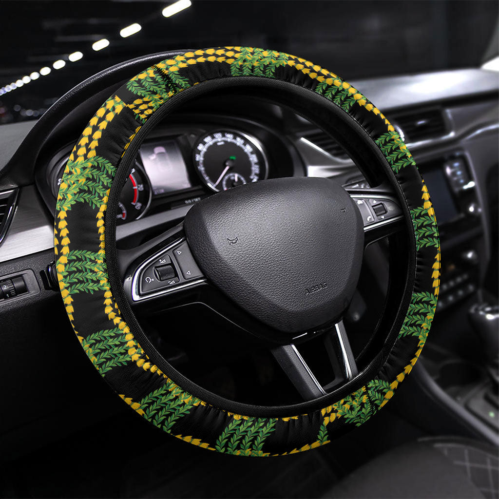 Aloha Hawaii Ilima Maile Lei Steering Wheel Cover Palaka Inspired Hawaiian-plaid Black LT14 Universal Fit Black - Polynesian Pride