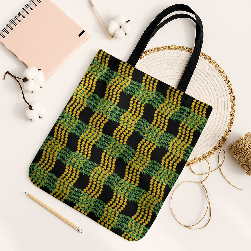 Aloha Hawaii Ilima Maile Lei Tote Bag Palaka Inspired Hawaiian-plaid Black