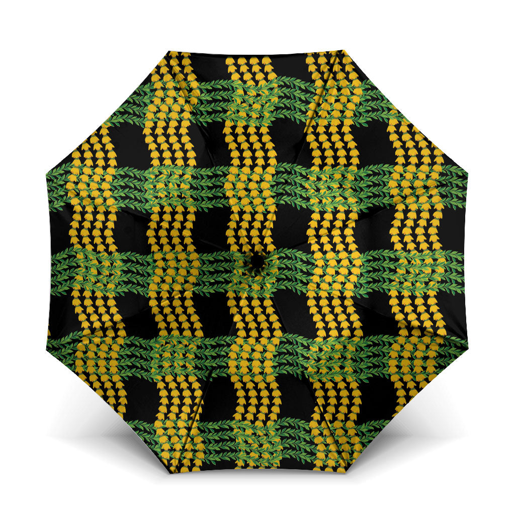 Aloha Hawaii Ilima Maile Lei Umbrella Palaka Inspired Hawaiian-plaid Black
