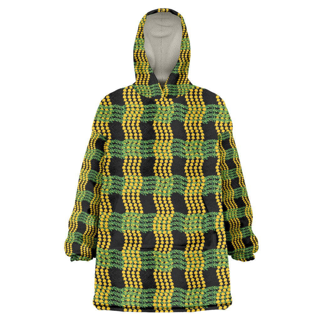 Aloha Hawaii Ilima Maile Lei Wearable Blanket Hoodie Palaka Inspired Hawaiian-plaid Black LT14 One Size Black - Polynesian Pride