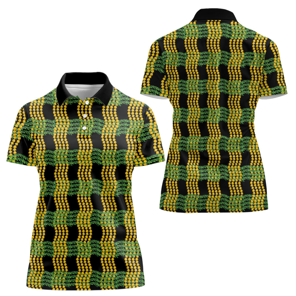 Aloha Hawaii Ilima Maile Lei Women Polo Shirt Palaka Inspired Hawaiian-plaid Black