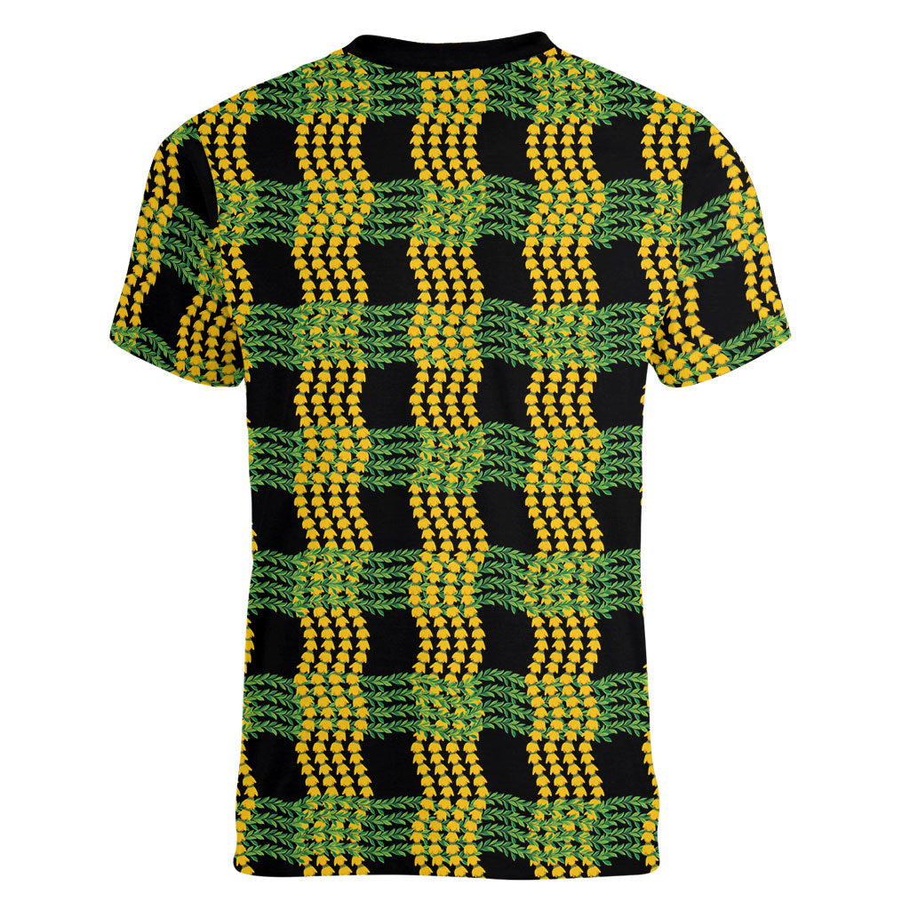 Aloha Hawaii Ilima Maile Lei Women V-Neck T-Shirt Palaka Inspired Hawaiian-plaid Black