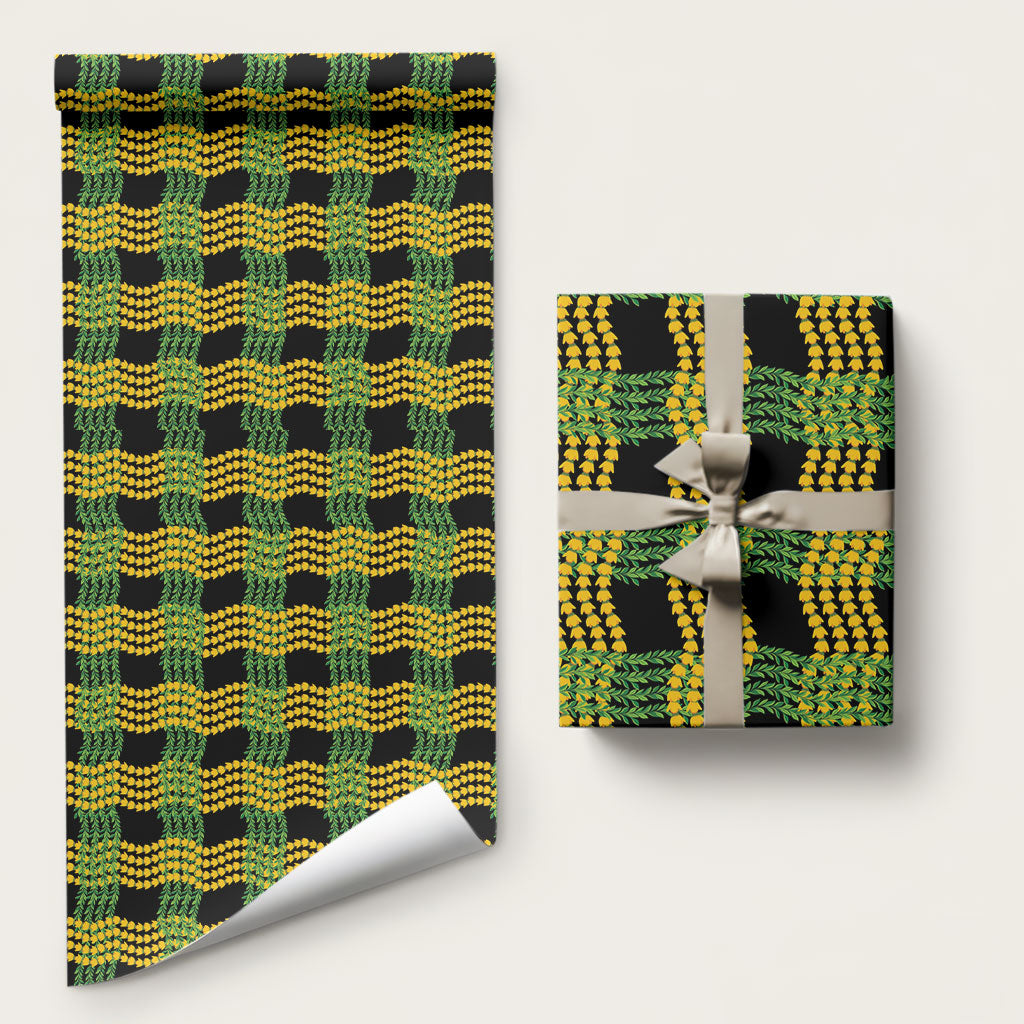 Aloha Hawaii Ilima Maile Lei Wrapping Paper Palaka Inspired Hawaiian-plaid Black