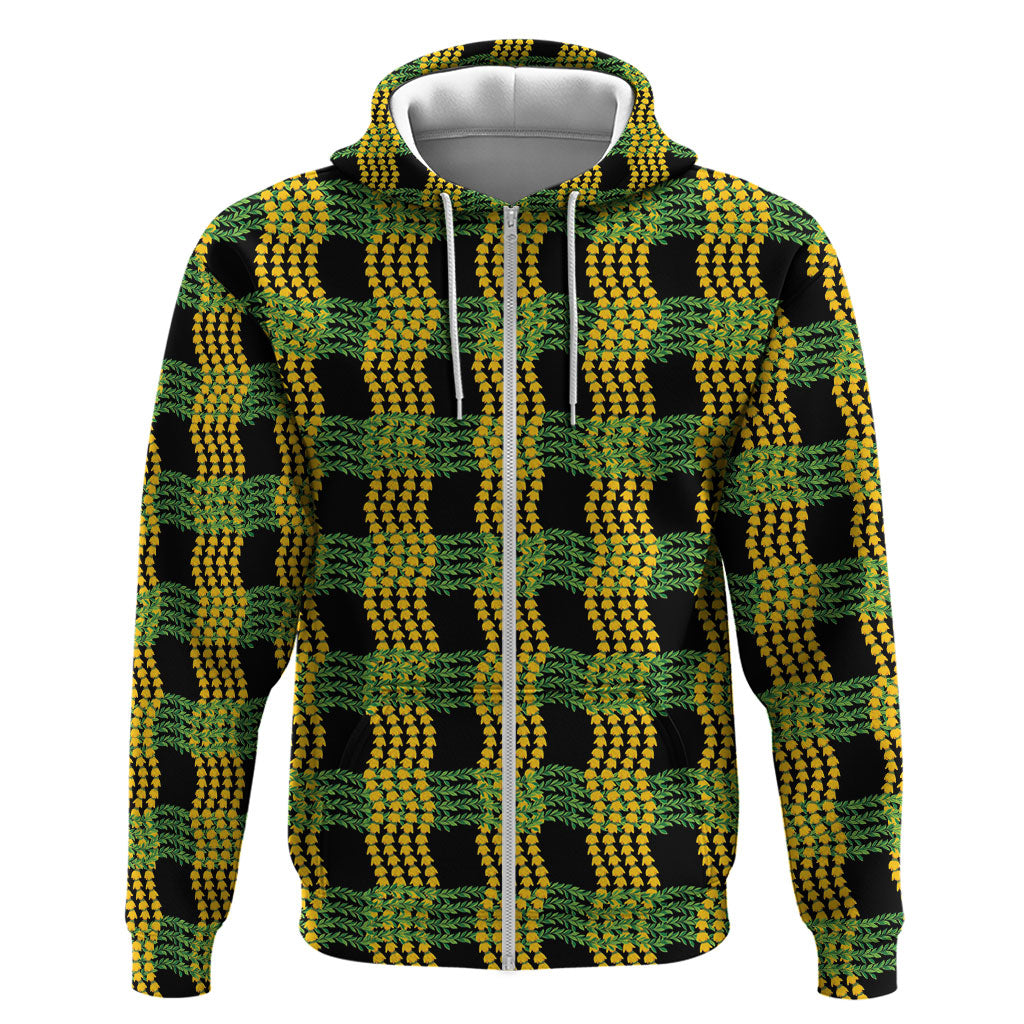 Aloha Hawaii Ilima Maile Lei Zip Hoodie Palaka Inspired Hawaiian-plaid Black