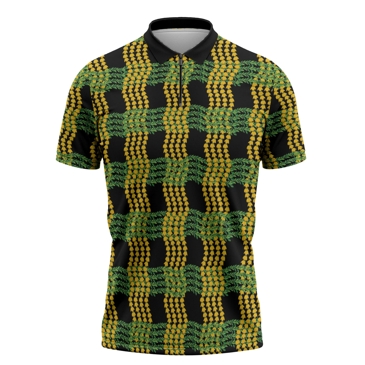 Aloha Hawaii Ilima Maile Lei Zipper Polo Shirt Palaka Inspired Hawaiian-plaid Black