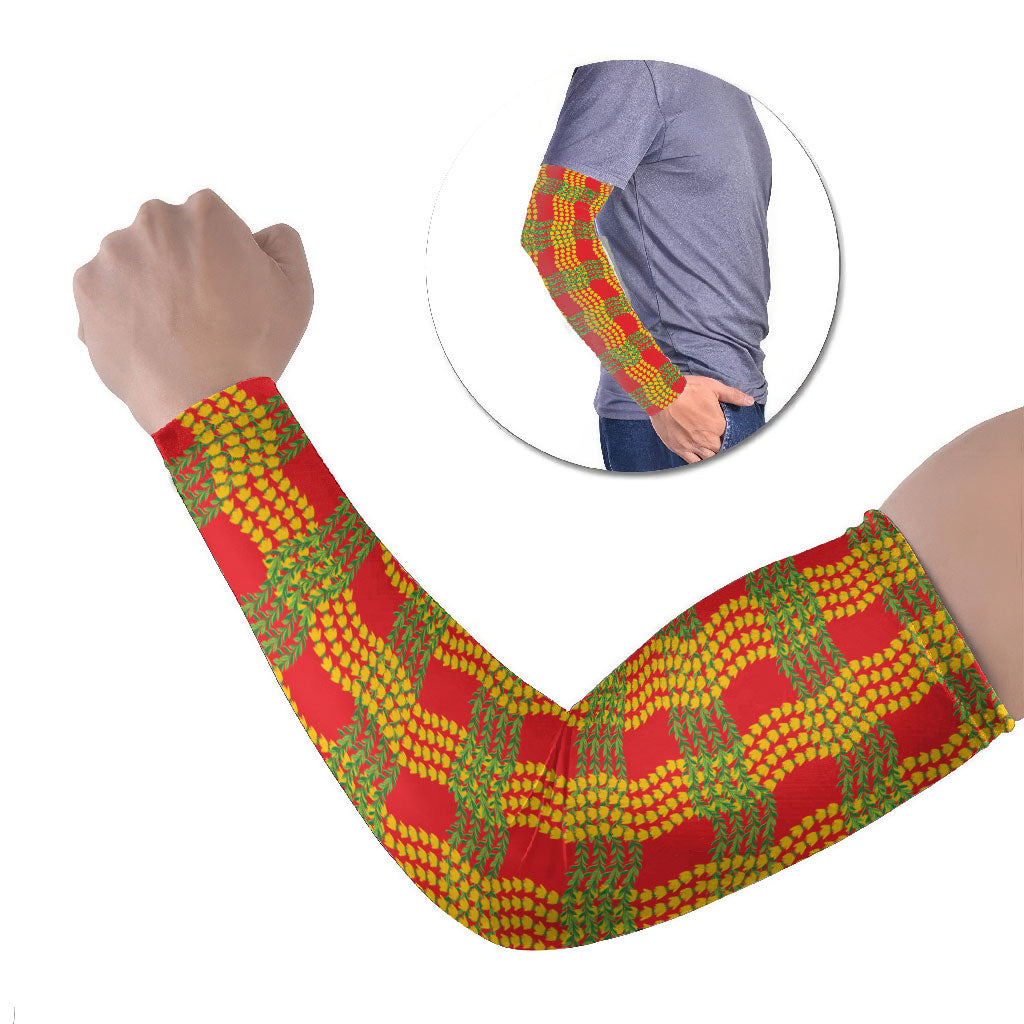 Aloha Hawaii Ilima Maile Lei Arm Sleeves Palaka Inspired Hawaiian-plaid Red LT14 Set of 2 Red - Polynesian Pride