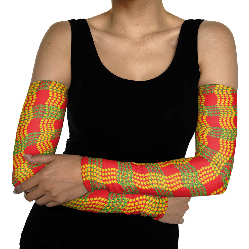 Aloha Hawaii Ilima Maile Lei Arm Sleeves Palaka Inspired Hawaiian-plaid Red