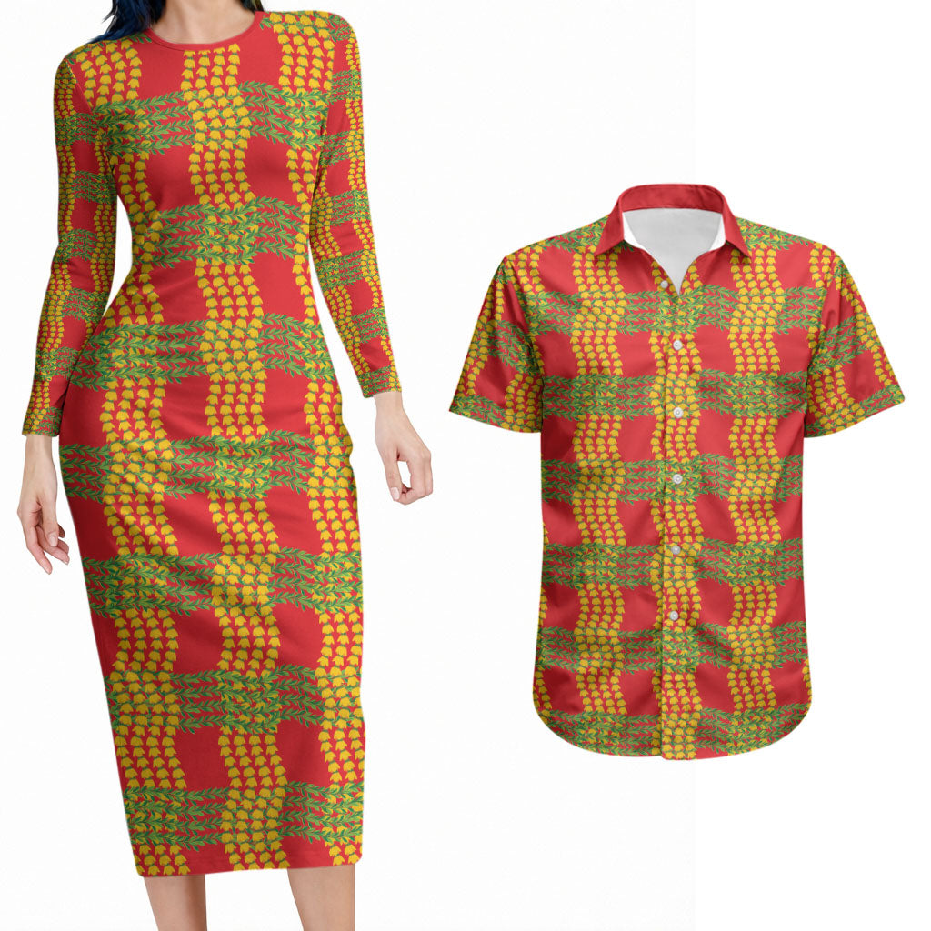 Aloha Hawaii Ilima Maile Lei Couples Matching Long Sleeve Bodycon Dress and Hawaiian Shirt Palaka Inspired Hawaiian-plaid Red LT14 Red - Polynesian Pride
