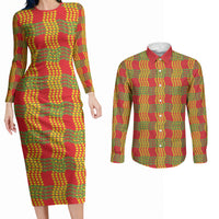 Aloha Hawaii Ilima Maile Lei Couples Matching Long Sleeve Bodycon Dress and Long Sleeve Button Shirt Palaka Inspired Hawaiian-plaid Red