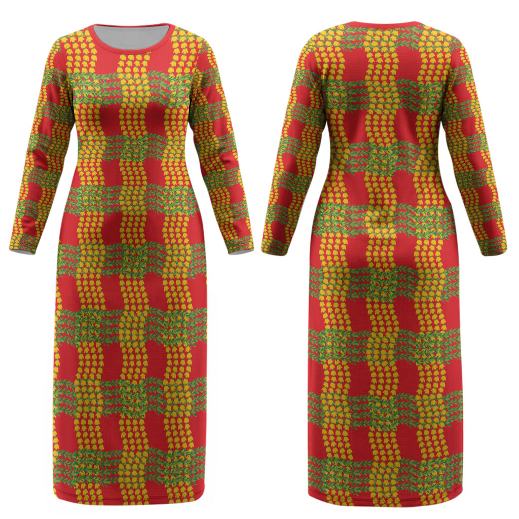 Aloha Hawaii Ilima Maile Lei Couples Matching Long Sleeve Bodycon Dress and Long Sleeve Button Shirt Palaka Inspired Hawaiian-plaid Red