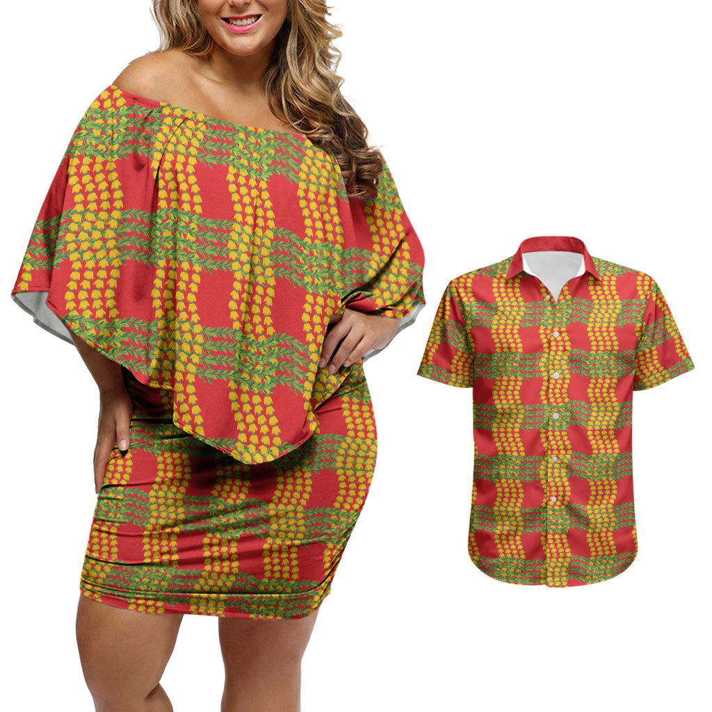 Aloha Hawaii Ilima Maile Lei Couples Matching Off Shoulder Short Dress and Hawaiian Shirt Palaka Inspired Hawaiian-plaid Red