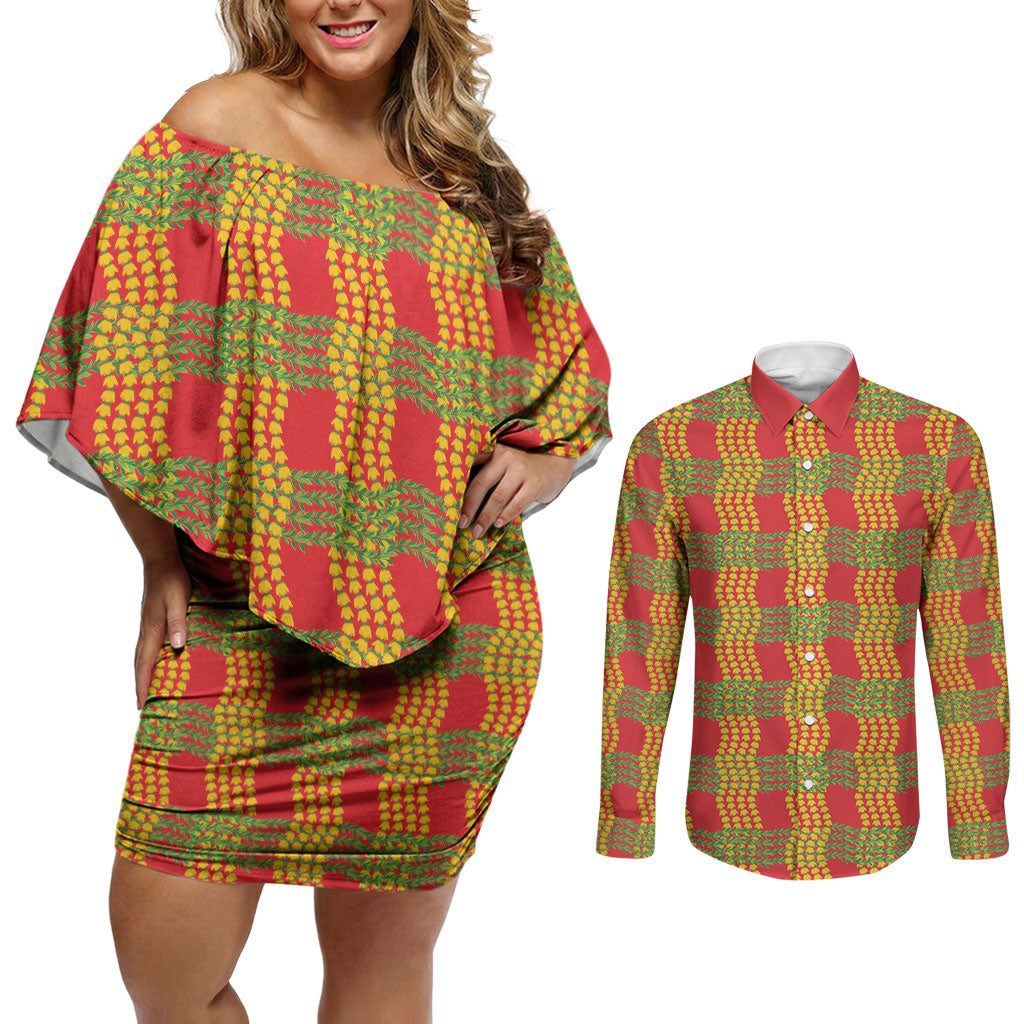 Aloha Hawaii Ilima Maile Lei Couples Matching Off Shoulder Short Dress and Long Sleeve Button Shirt Palaka Inspired Hawaiian-plaid Red