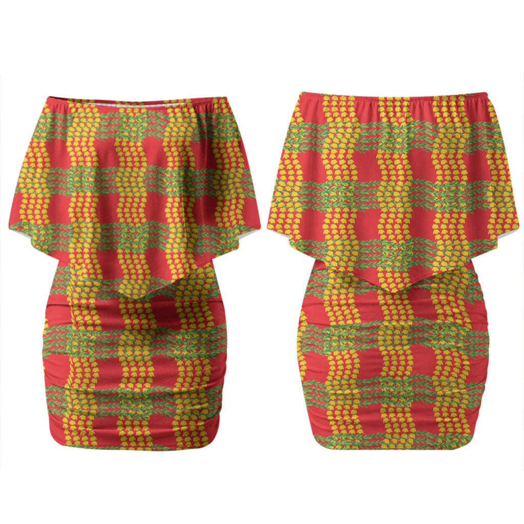 Aloha Hawaii Ilima Maile Lei Couples Matching Off Shoulder Short Dress and Long Sleeve Button Shirt Palaka Inspired Hawaiian-plaid Red