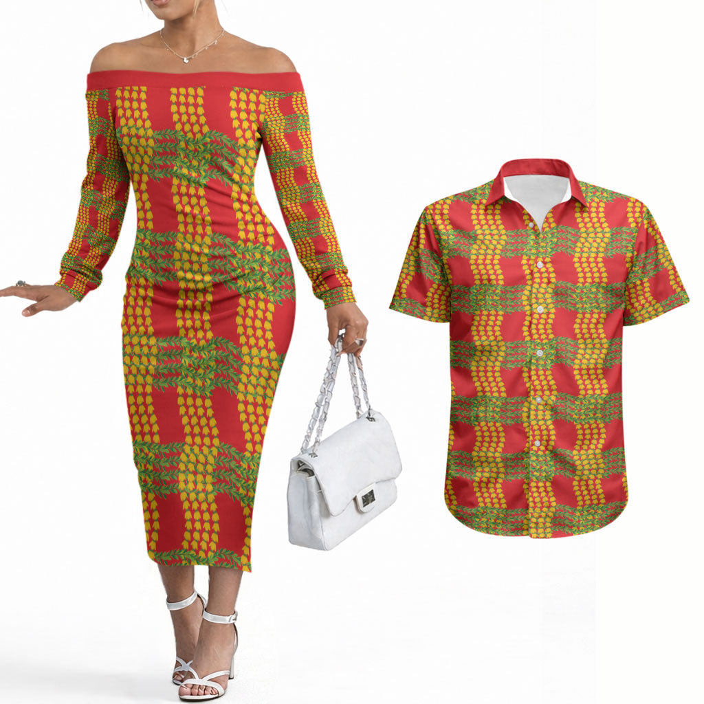 Aloha Hawaii Ilima Maile Lei Couples Matching Off The Shoulder Long Sleeve Dress and Hawaiian Shirt Palaka Inspired Hawaiian-plaid Red