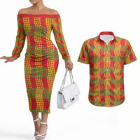 Aloha Hawaii Ilima Maile Lei Couples Matching Off The Shoulder Long Sleeve Dress and Hawaiian Shirt Palaka Inspired Hawaiian-plaid Red