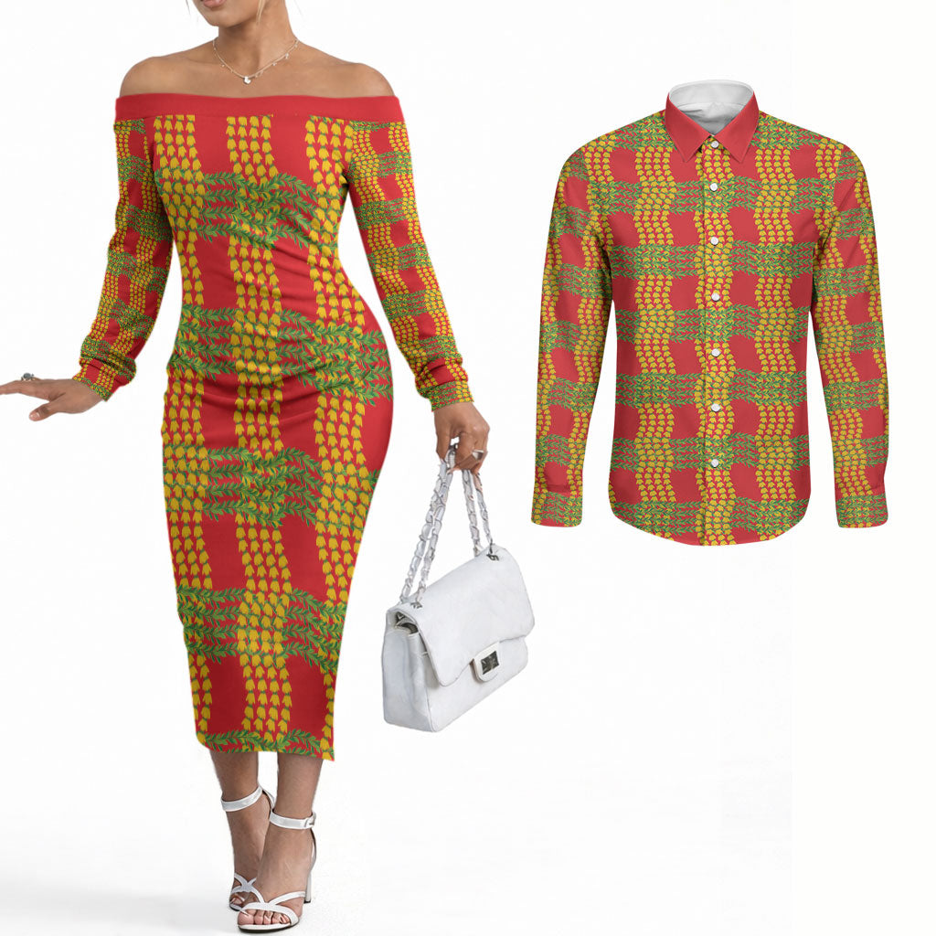 Aloha Hawaii Ilima Maile Lei Couples Matching Off The Shoulder Long Sleeve Dress and Long Sleeve Button Shirt Palaka Inspired Hawaiian-plaid Red