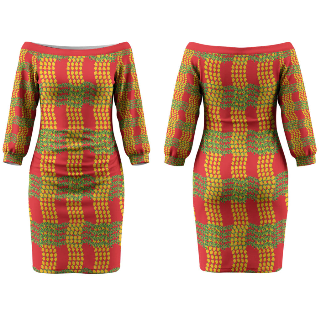 Aloha Hawaii Ilima Maile Lei Couples Matching Off The Shoulder Long Sleeve Dress and Long Sleeve Button Shirt Palaka Inspired Hawaiian-plaid Red