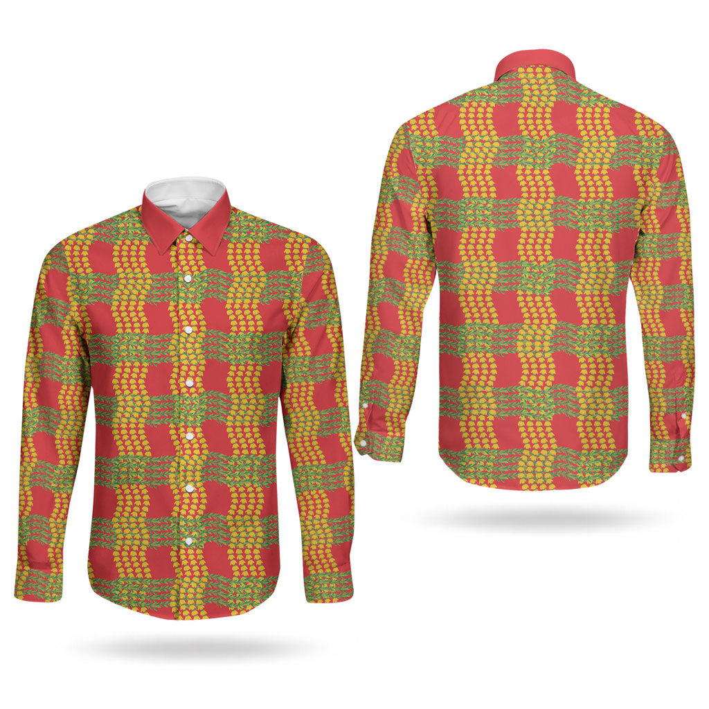 Aloha Hawaii Ilima Maile Lei Couples Matching Puletasi and Long Sleeve Button Shirt Palaka Inspired Hawaiian-plaid Red