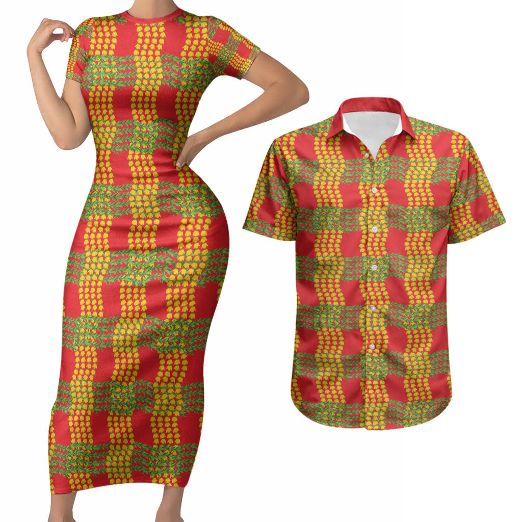 Aloha Hawaii Ilima Maile Lei Couples Matching Short Sleeve Bodycon Dress and Hawaiian Shirt Palaka Inspired Hawaiian-plaid Red LT14 Red - Polynesian Pride