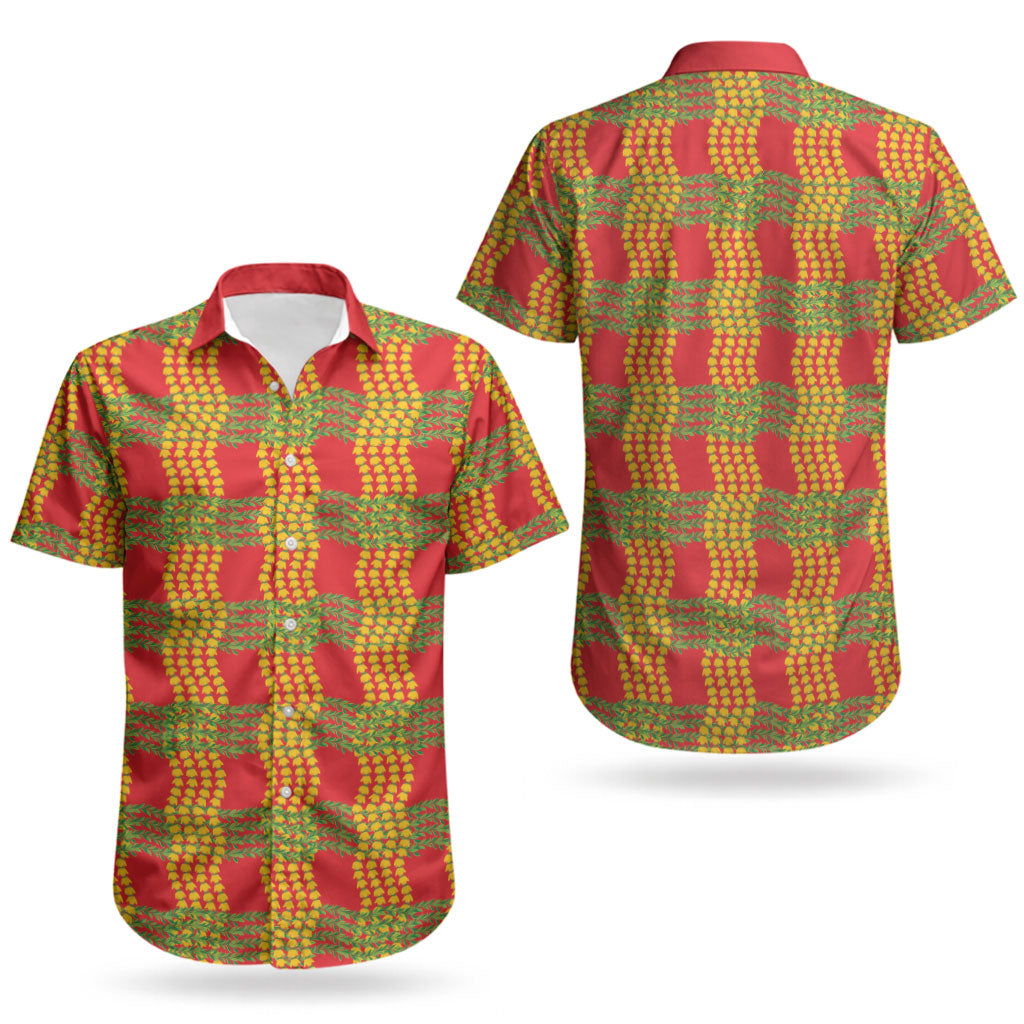 Aloha Hawaii Ilima Maile Lei Couples Matching Short Sleeve Bodycon Dress and Hawaiian Shirt Palaka Inspired Hawaiian-plaid Red