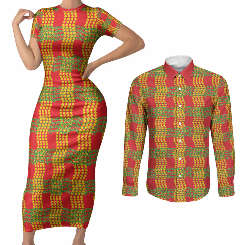 Aloha Hawaii Ilima Maile Lei Couples Matching Short Sleeve Bodycon Dress and Long Sleeve Button Shirt Palaka Inspired Hawaiian-plaid Red