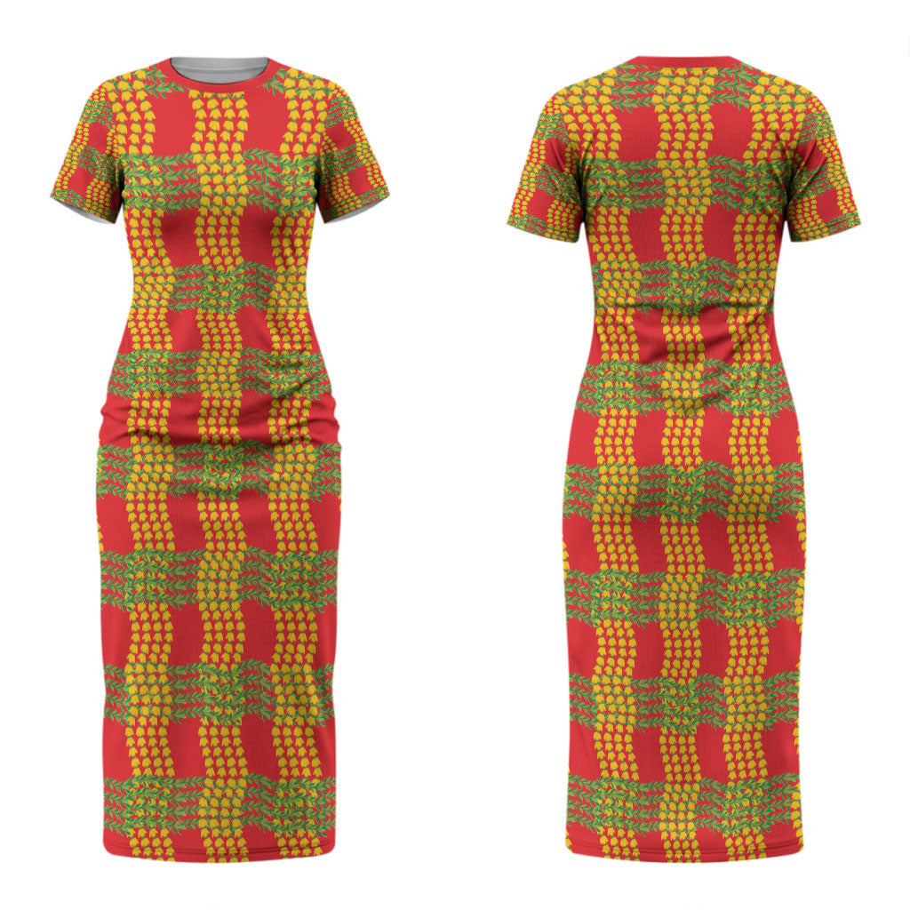 Aloha Hawaii Ilima Maile Lei Couples Matching Short Sleeve Bodycon Dress and Long Sleeve Button Shirt Palaka Inspired Hawaiian-plaid Red