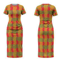 Aloha Hawaii Ilima Maile Lei Couples Matching Short Sleeve Bodycon Dress and Long Sleeve Button Shirt Palaka Inspired Hawaiian-plaid Red