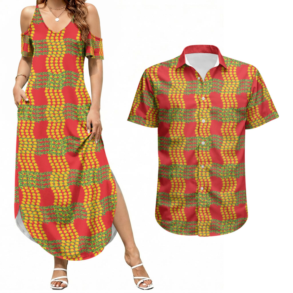 Aloha Hawaii Ilima Maile Lei Couples Matching Summer Maxi Dress and Hawaiian Shirt Palaka Inspired Hawaiian-plaid Red