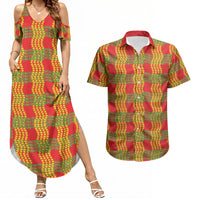Aloha Hawaii Ilima Maile Lei Couples Matching Summer Maxi Dress and Hawaiian Shirt Palaka Inspired Hawaiian-plaid Red