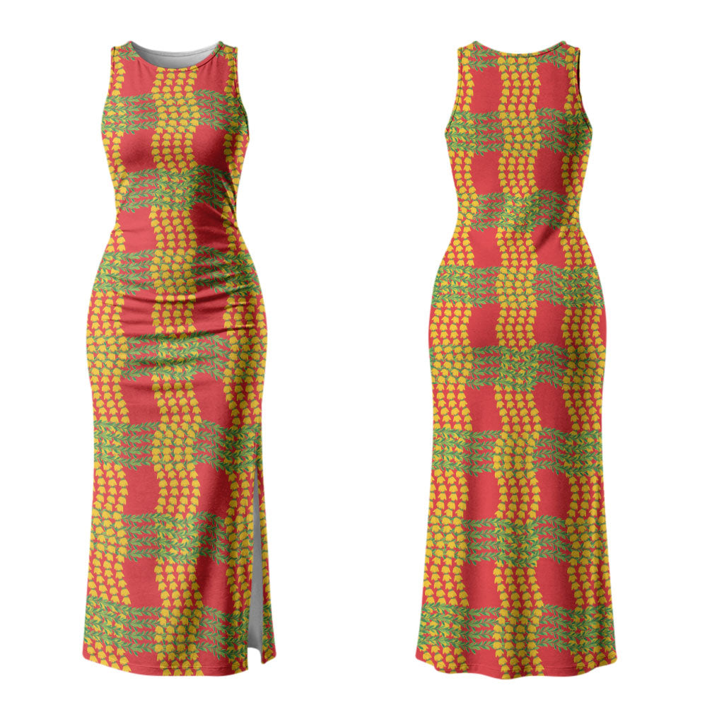 Aloha Hawaii Ilima Maile Lei Couples Matching Tank Maxi Dress and Hawaiian Shirt Palaka Inspired Hawaiian-plaid Red