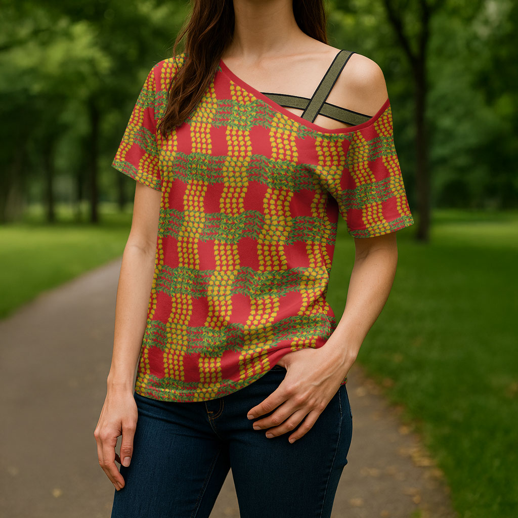 Aloha Hawaii Ilima Maile Lei Cross Shoulder Shirt Palaka Inspired Hawaiian-plaid Red