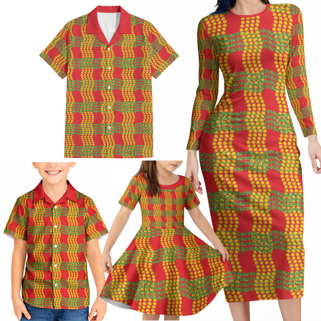 Aloha Hawaii Ilima Maile Lei Family Matching Long Sleeve Bodycon Dress and Hawaiian Shirt Palaka Inspired Hawaiian-plaid Red LT14 - Polynesian Pride