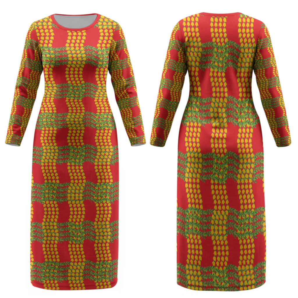 Aloha Hawaii Ilima Maile Lei Family Matching Long Sleeve Bodycon Dress and Hawaiian Shirt Palaka Inspired Hawaiian-plaid Red