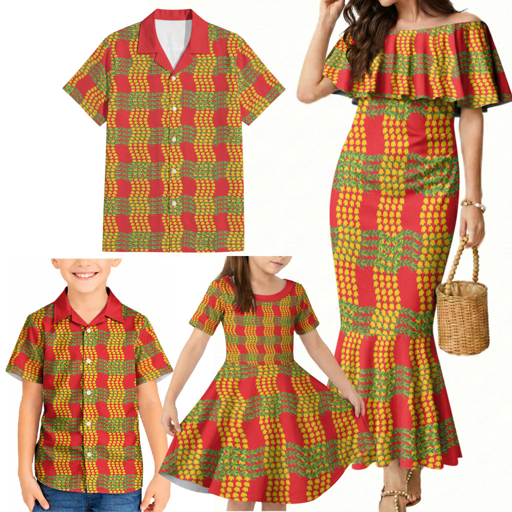Aloha Hawaii Ilima Maile Lei Family Matching Mermaid Dress and Hawaiian Shirt Palaka Inspired Hawaiian-plaid Red LT14 - Polynesian Pride