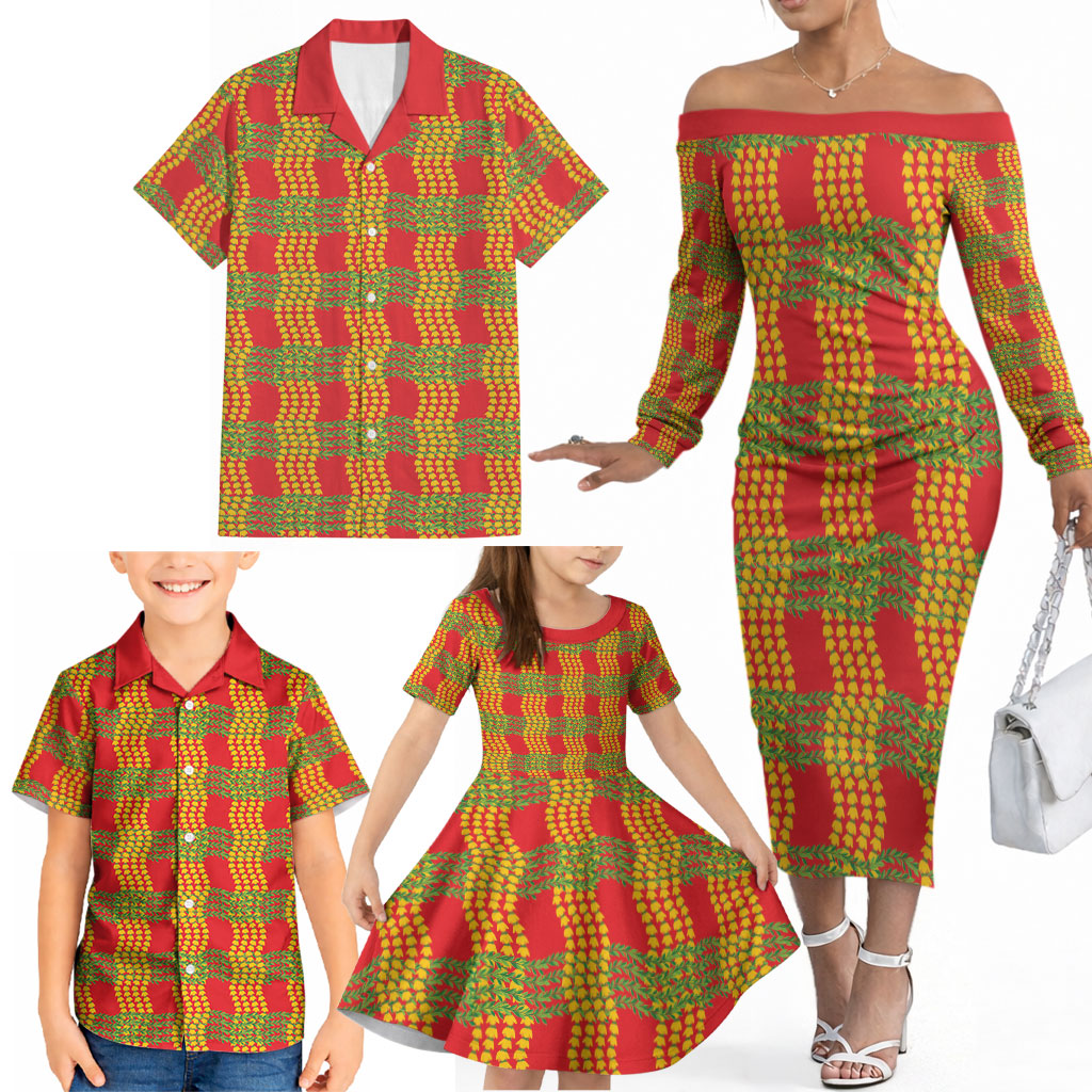 Aloha Hawaii Ilima Maile Lei Family Matching Off The Shoulder Long Sleeve Dress and Hawaiian Shirt Palaka Inspired Hawaiian-plaid Red LT14 - Polynesian Pride