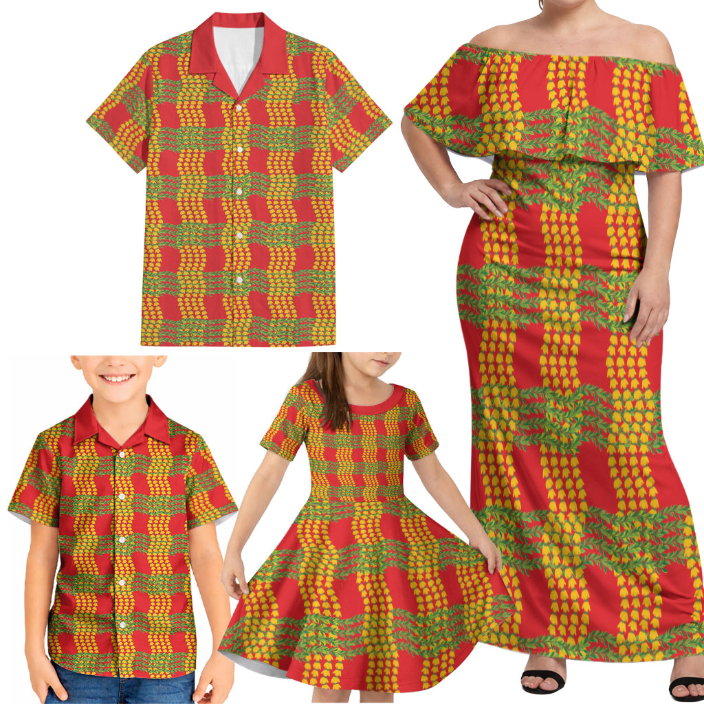 Aloha Hawaii Ilima Maile Lei Family Matching Off Shoulder Maxi Dress and Hawaiian Shirt Palaka Inspired Hawaiian-plaid Red LT14 - Polynesian Pride