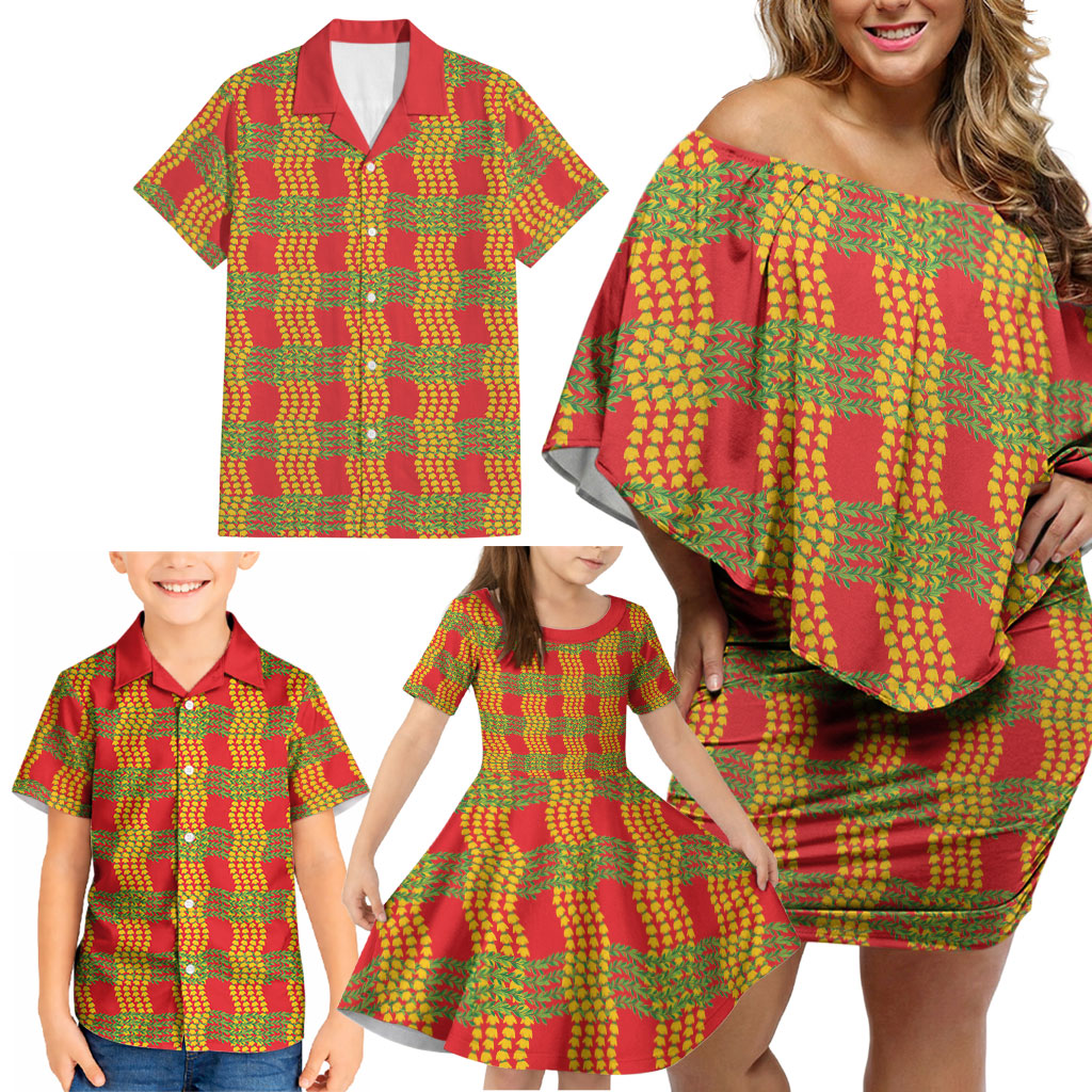 Aloha Hawaii Ilima Maile Lei Family Matching Off Shoulder Short Dress and Hawaiian Shirt Palaka Inspired Hawaiian-plaid Red LT14 - Polynesian Pride