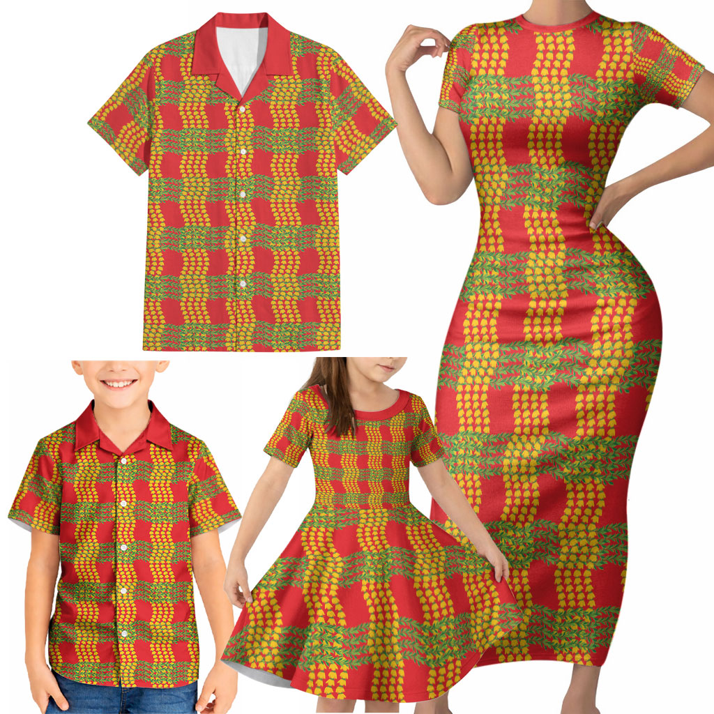 Aloha Hawaii Ilima Maile Lei Family Matching Short Sleeve Bodycon Dress and Hawaiian Shirt Palaka Inspired Hawaiian-plaid Red LT14 - Polynesian Pride
