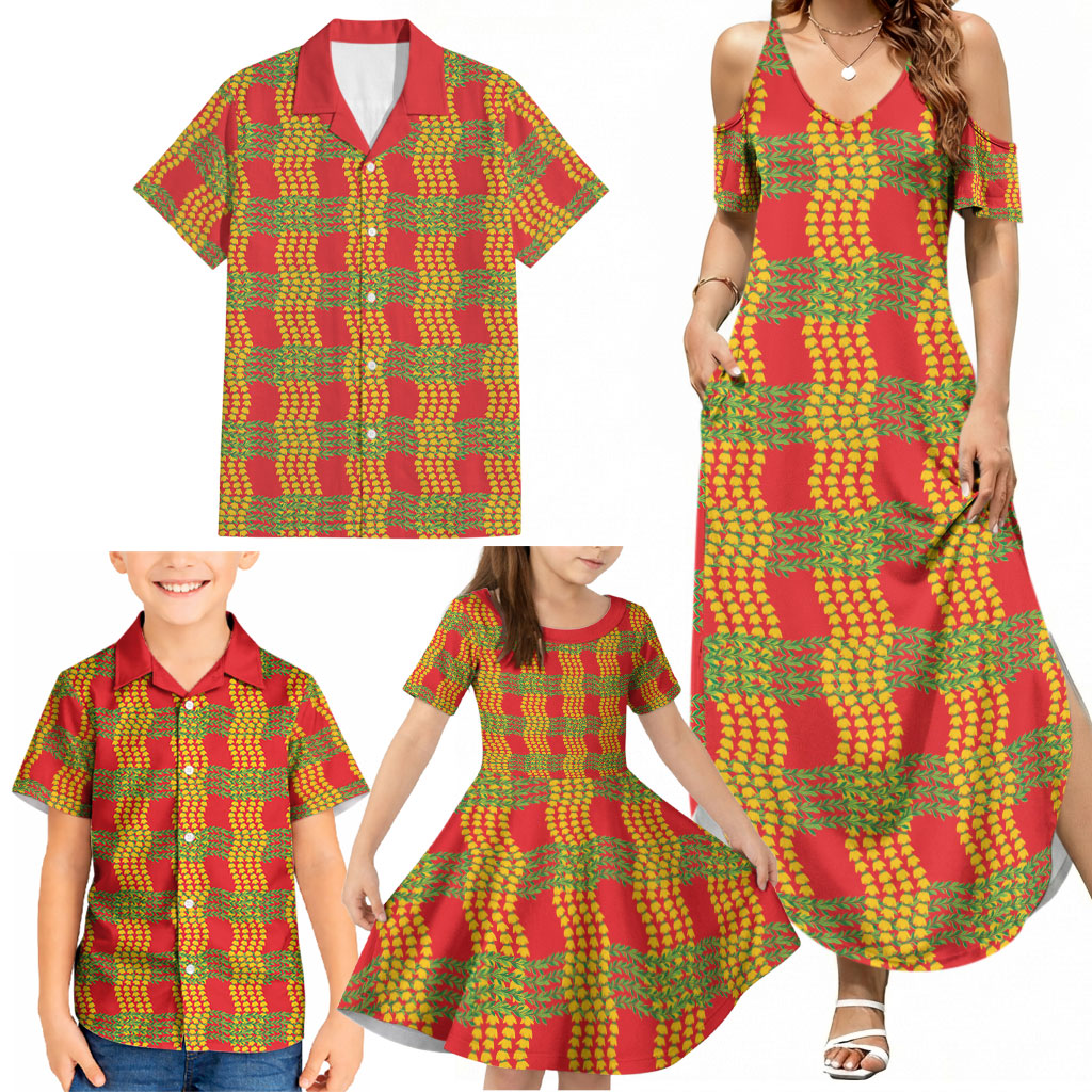 Aloha Hawaii Ilima Maile Lei Family Matching Summer Maxi Dress and Hawaiian Shirt Palaka Inspired Hawaiian-plaid Red LT14 - Polynesian Pride