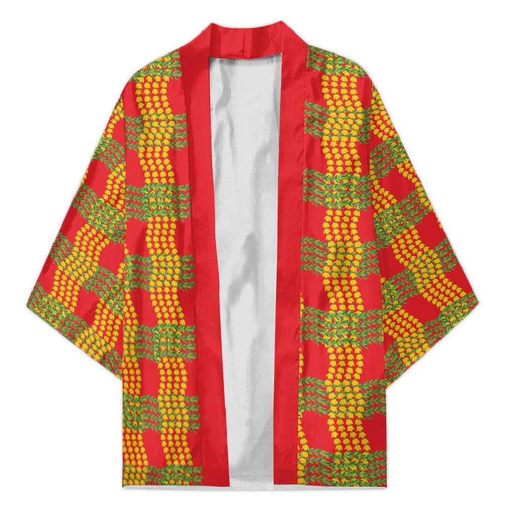 Aloha Hawaii Ilima Maile Lei Kimono Palaka Inspired Hawaiian-plaid Red