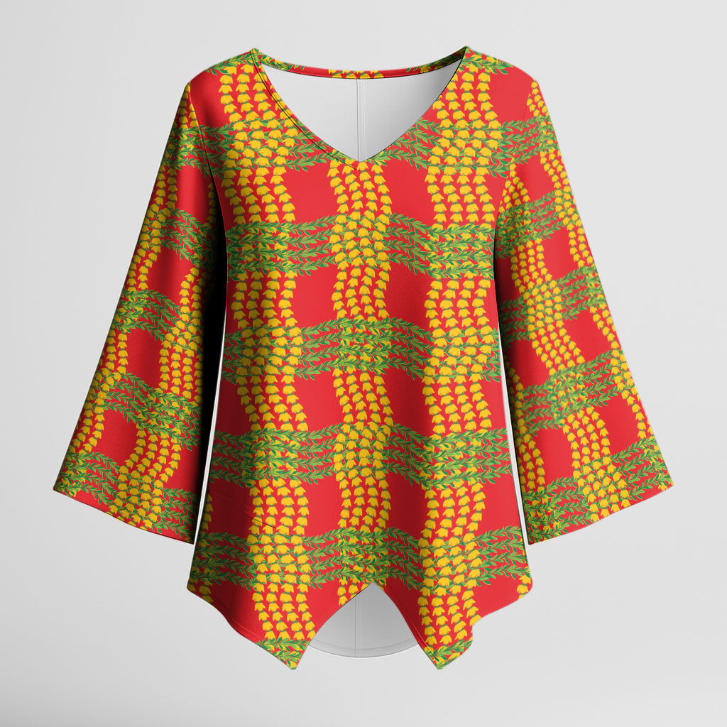 Aloha Hawaii Ilima Maile Lei Kimono Sleeve Blouse Palaka Inspired Hawaiian-plaid Red LT14 Female Red - Polynesian Pride