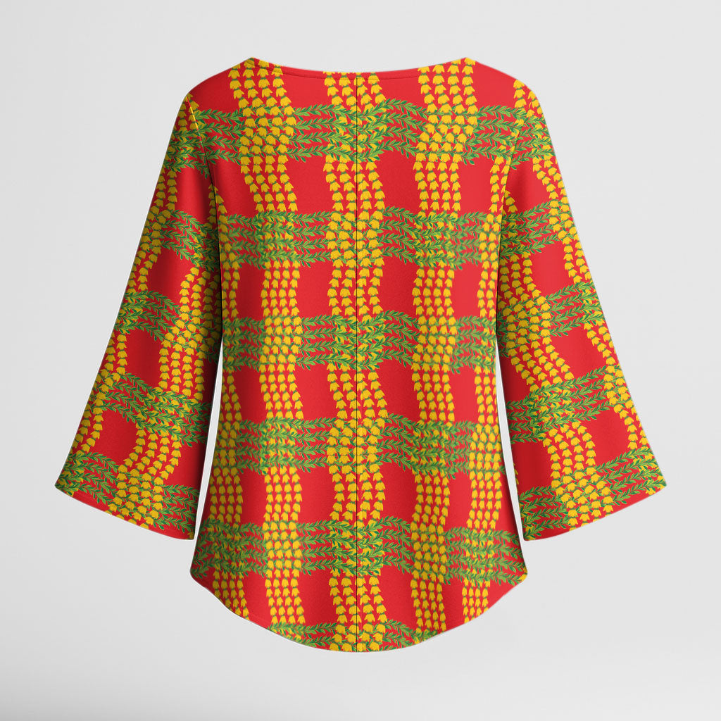 Aloha Hawaii Ilima Maile Lei Kimono Sleeve Blouse Palaka Inspired Hawaiian-plaid Red