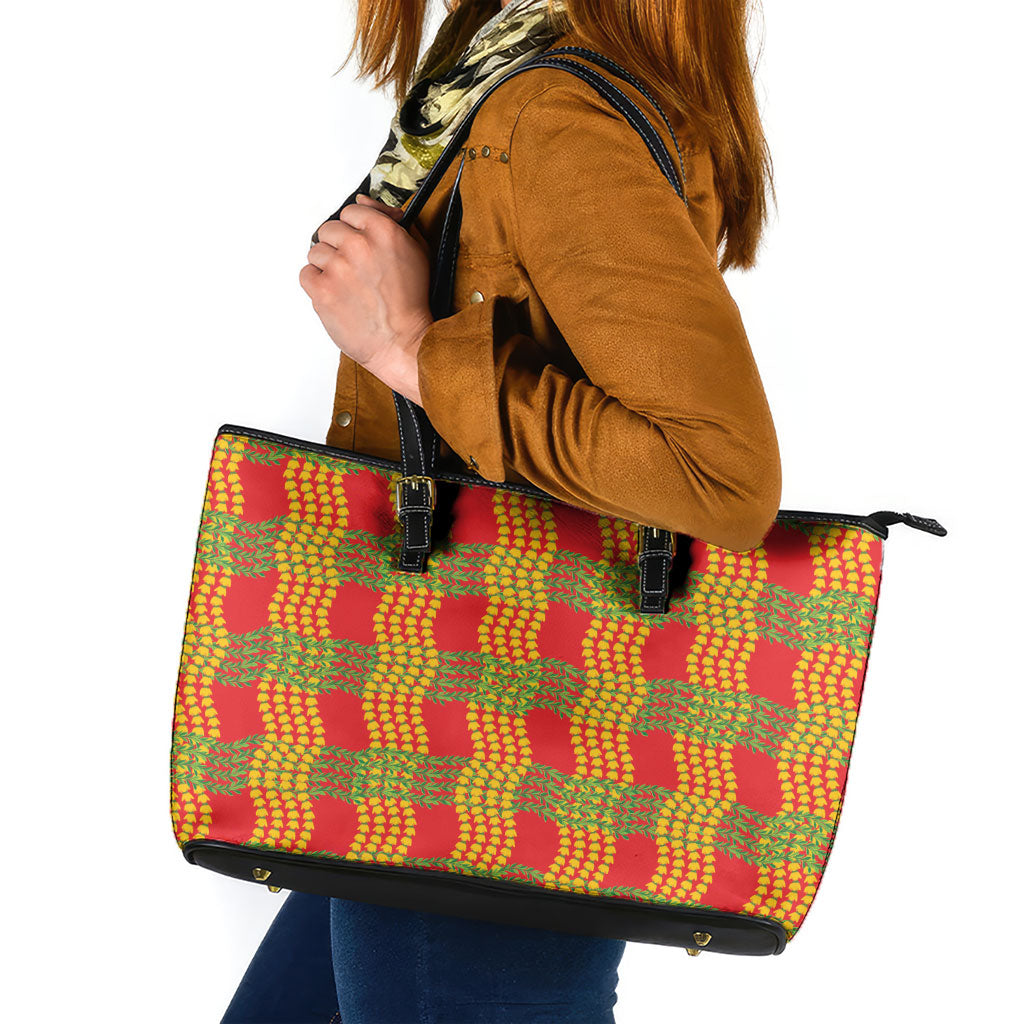 Aloha Hawaii Ilima Maile Lei Leather Tote Bag Palaka Inspired Hawaiian-plaid Red