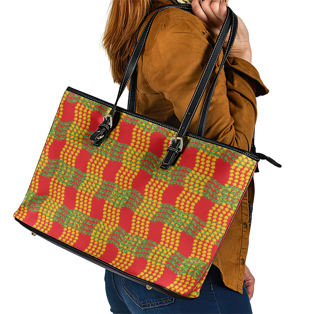 Aloha Hawaii Ilima Maile Lei Leather Tote Bag Palaka Inspired Hawaiian-plaid Red