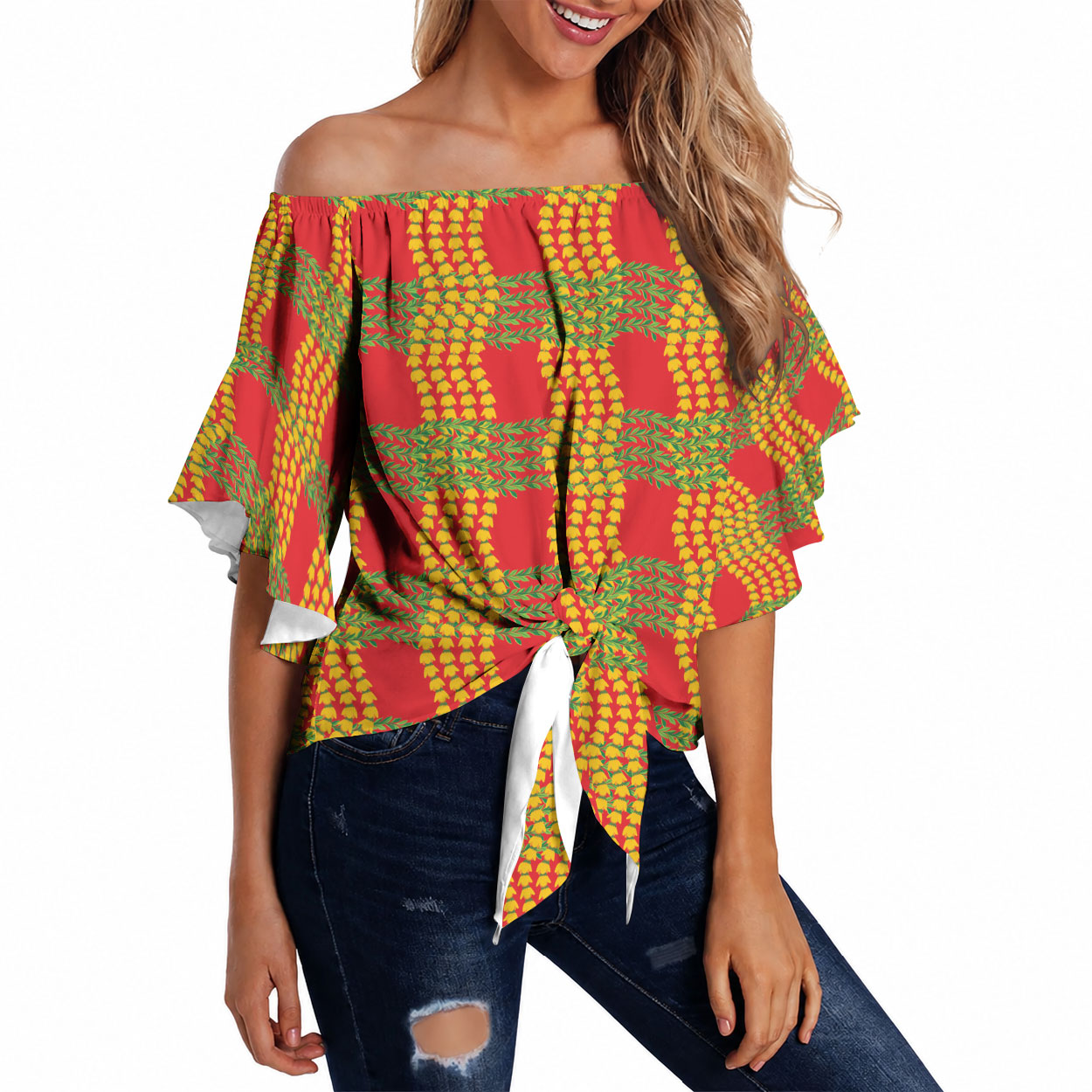 Aloha Hawaii Ilima Maile Lei Off Shoulder Wrap Waist Top Palaka Inspired Hawaiian-plaid Red LT14 Red - Polynesian Pride